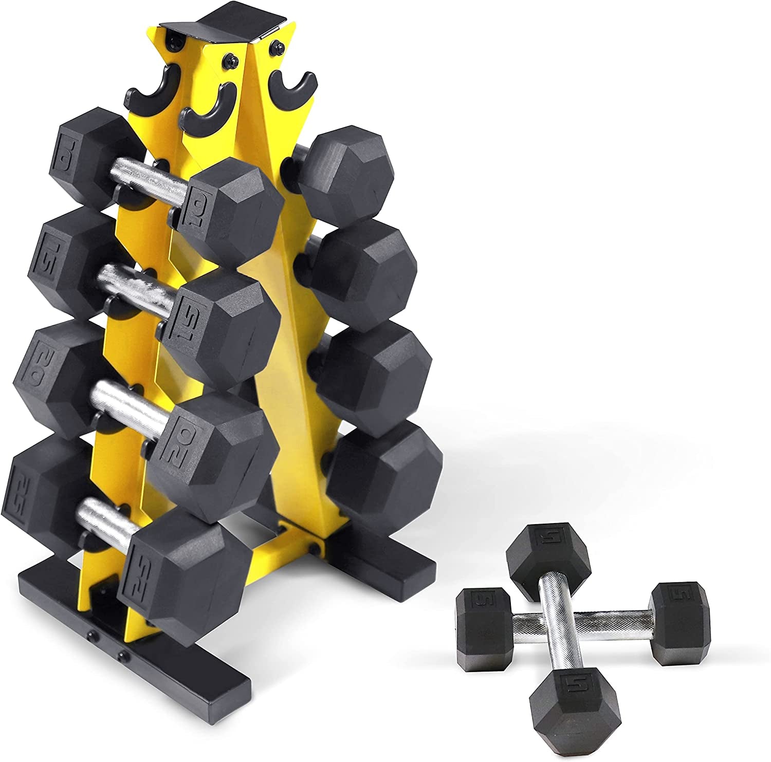 5-25Lb Rubber Coated Hex Dumbbell Set with a Frame Storage Rack Non-Slip Hex Shape for Muscle Toning, Strength Building & Weight Loss - Multiple Choices Available